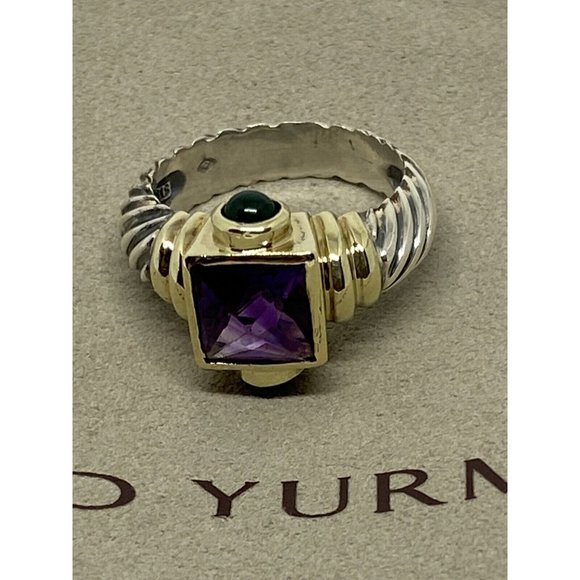 David Yurman 925 14K Gold Renaissance Cable Ring Amethyst Green Onyx Sz 7.75 - Picture 2 of 8